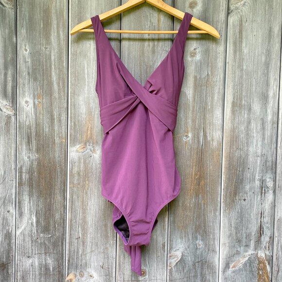 Land's End Women's Side-Tie V-Neck Wrap Eggplant One-Piece Swimsuit with Bra 12 - Picture 5 of 11